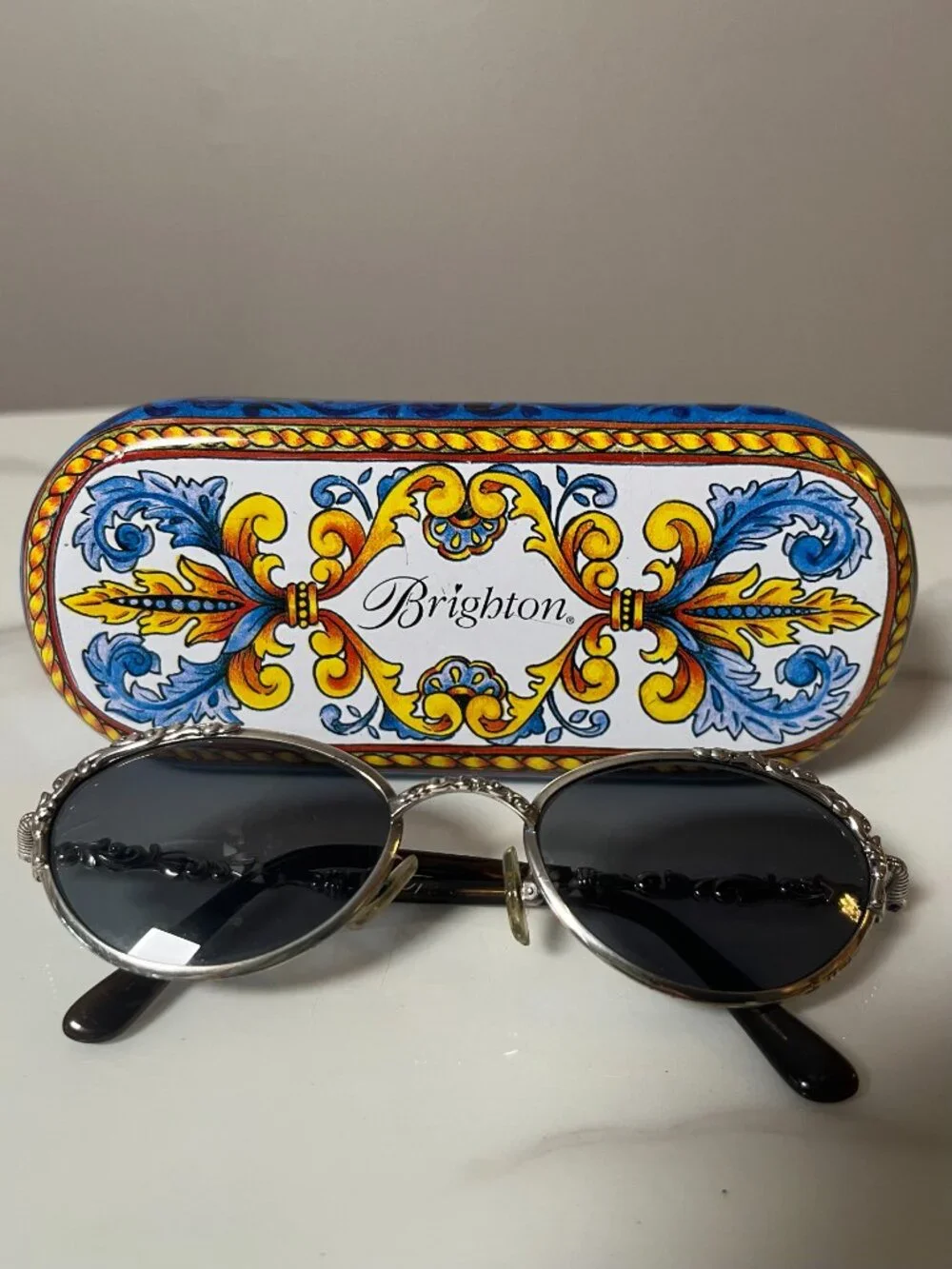Brighton Vintage Silver Filigree Oval Sunglasses + Case